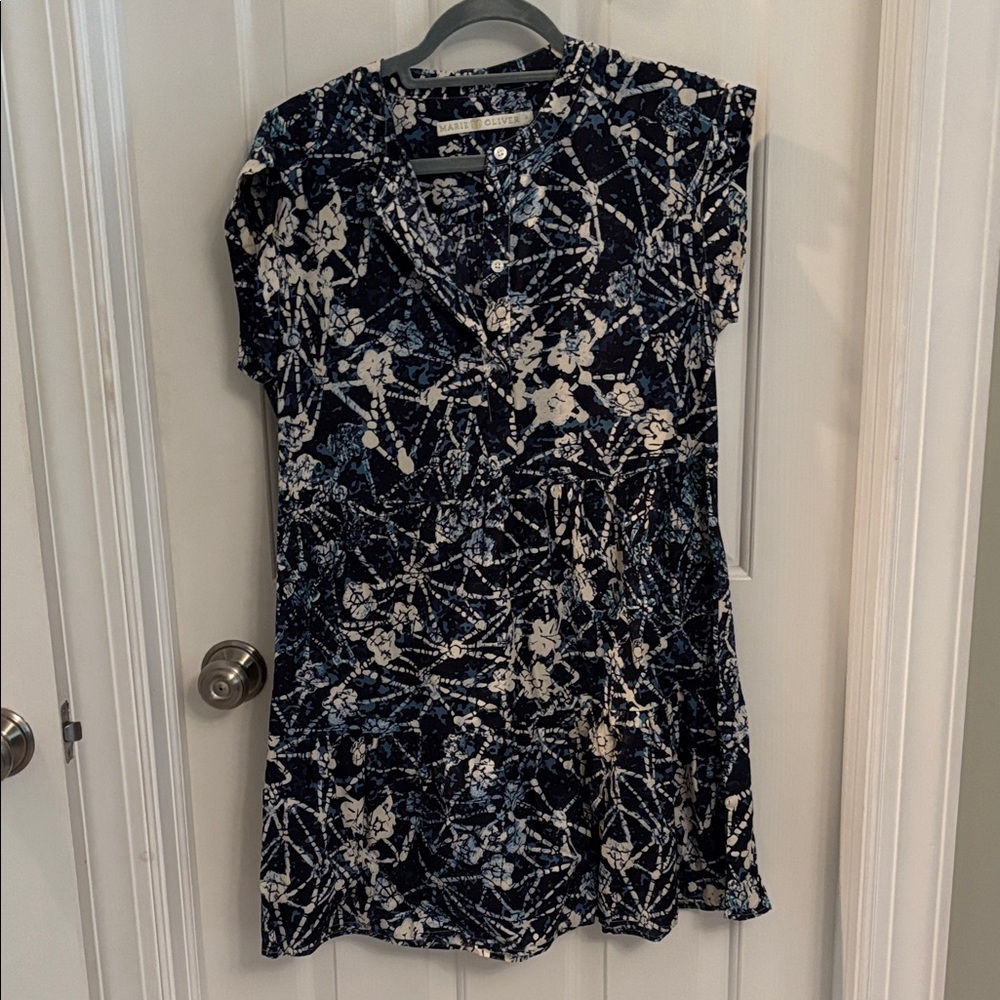 Marie Oliver Navy, cream and Light Blue Floral-Print Midi Dress